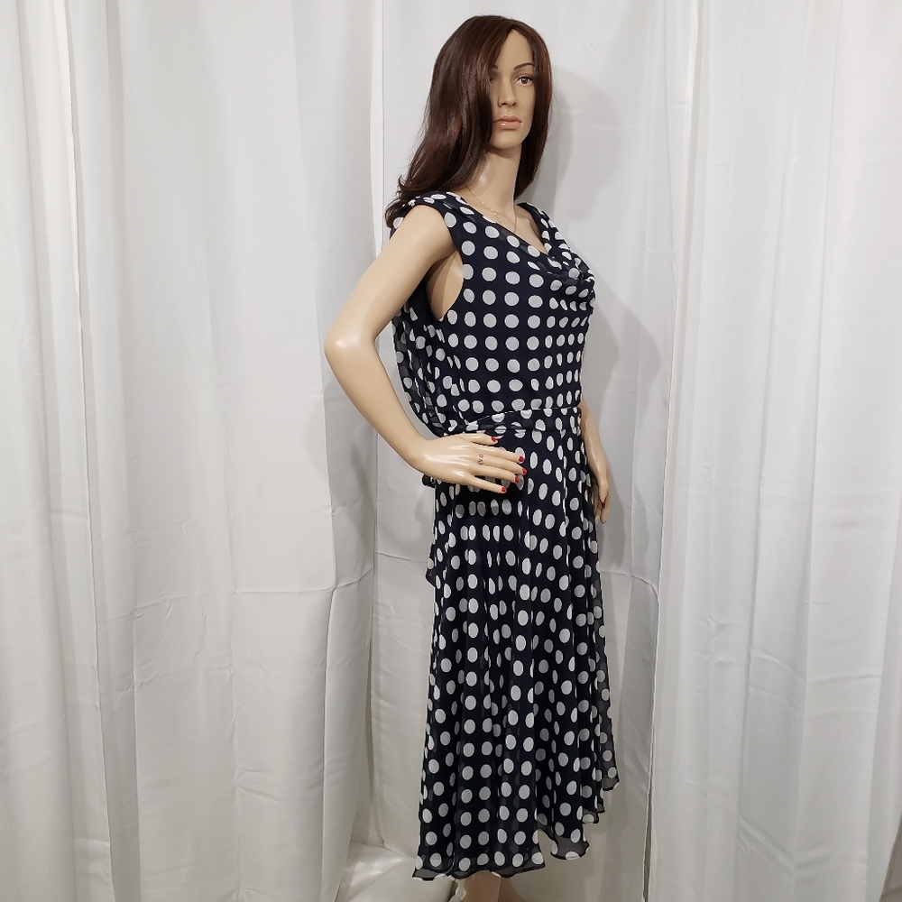 MSK Navy Midi Dress with Lg White Polka Dots Sz 16 - Picture 3 of 8